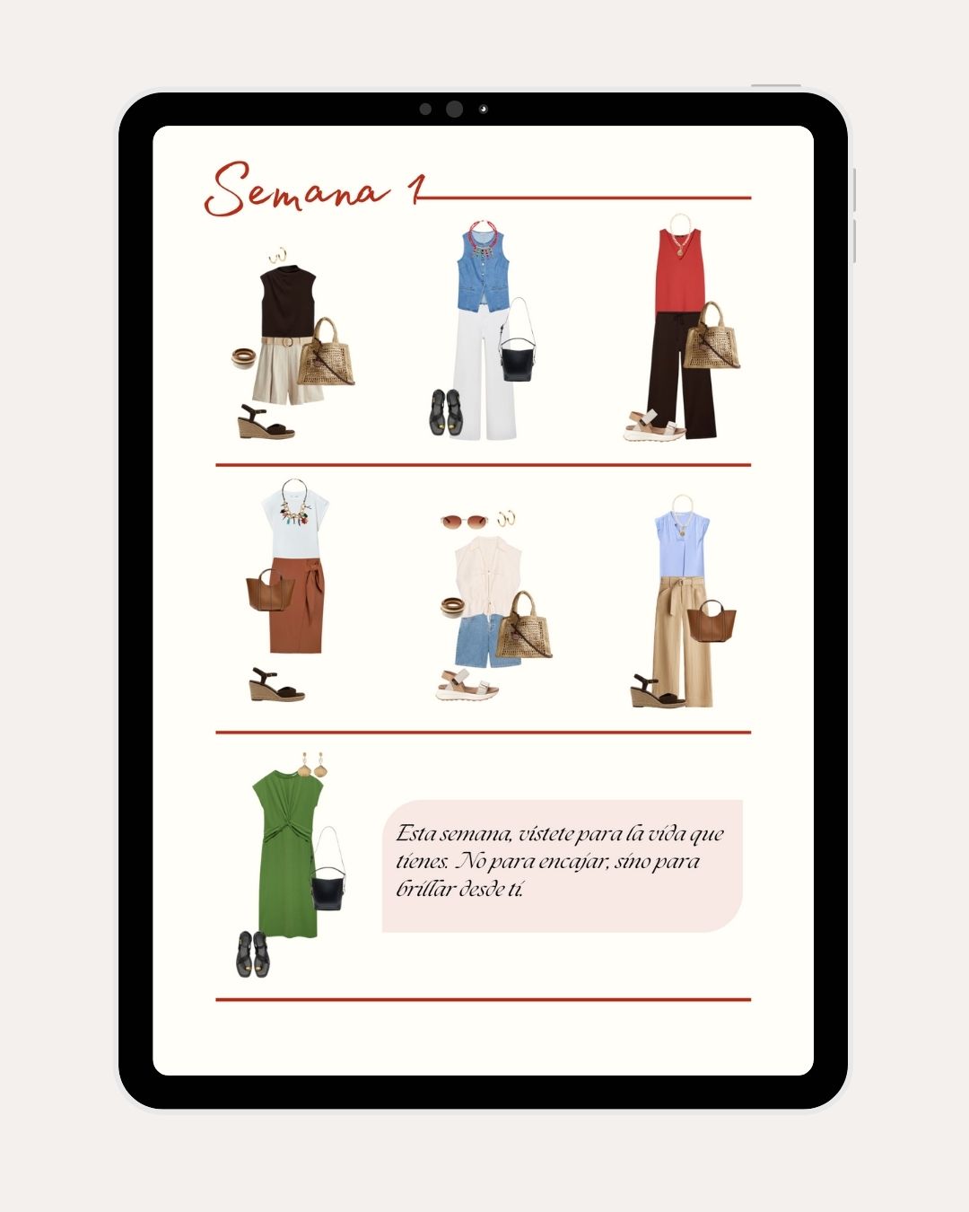 propuesta semanal looks armario capsula verano Selección de ropa ligera y accesorios de verano sobre fondo nude. Inspiración real para crear combinaciones versátiles y estilosas.
